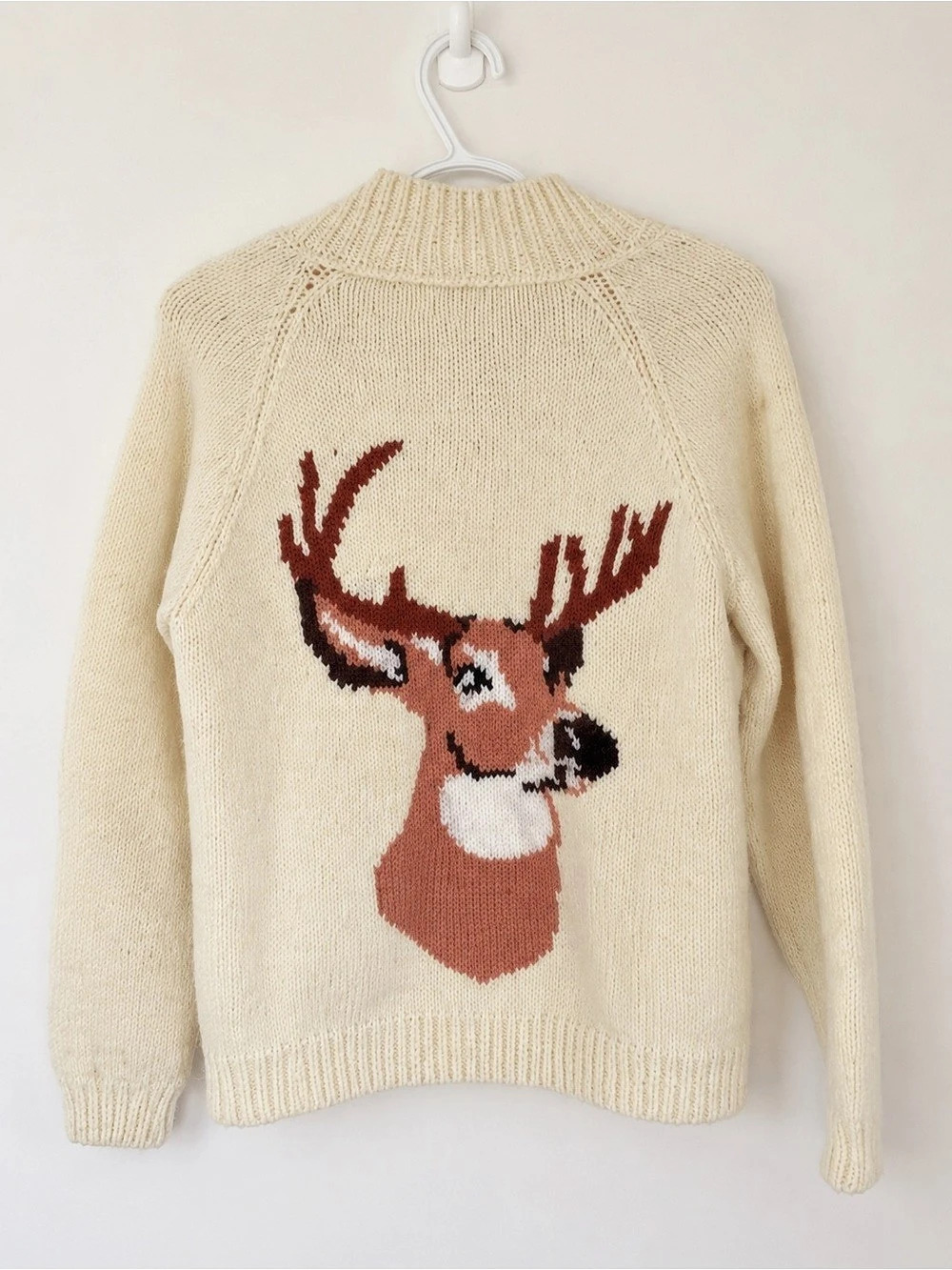 VTG 1960s Hand-Knit Wool Cardigan Mary Maxim Deer Head S/M